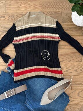 KATHERINE KELLY Silk Striped Mock Neck Ribbed Sweater, Navy, Beige and Red